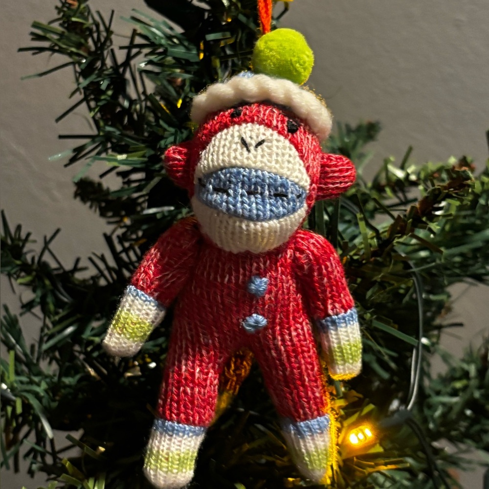 Red Knit Sock Monkey Christmas tree Ornament. Happy Monkey